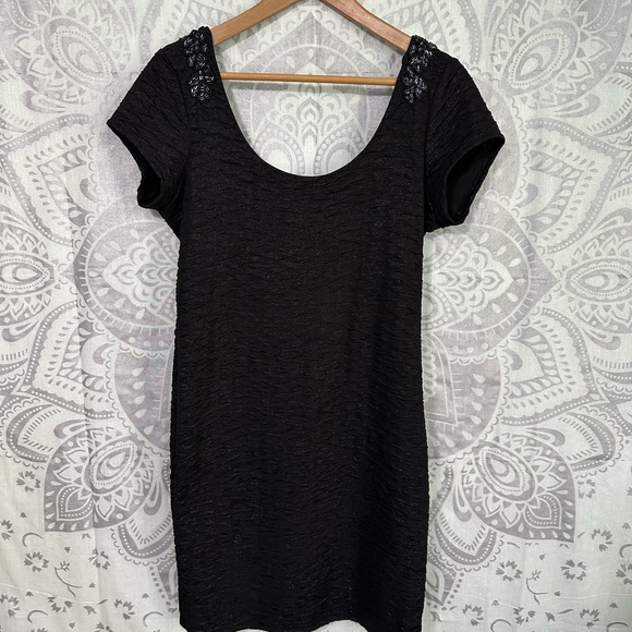 Nwt $198 Free People Low Back Beaded Shimmer Black Bodycon Short Sleeve Dress L - Picture 5 of 13